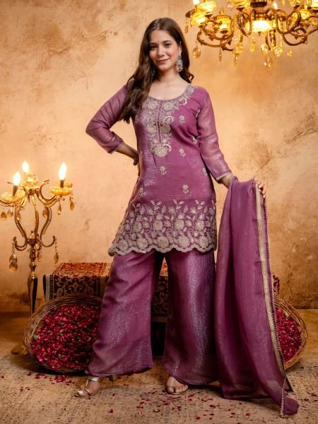Unique Purple Designer Crunchy Kurti with Embroidery Work and Matching Palazzo Kurtis