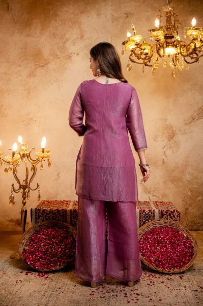 Unique Purple Designer Crunchy Kurti with Embroidery Work and Matching Palazzo 3 Piece Kurti Set