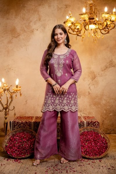 Unique Purple Designer Crunchy Kurti with Embroidery Work and Matching Palazzo 3 Piece Kurti Set