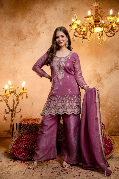 Unique Purple Designer Crunchy Kurti with Embroidery Work and Matching Palazzo 3 Piece Kurti Set