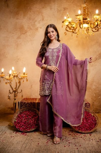 Unique Purple Designer Crunchy Kurti with Embroidery Work and Matching Palazzo 3 Piece Kurti Set