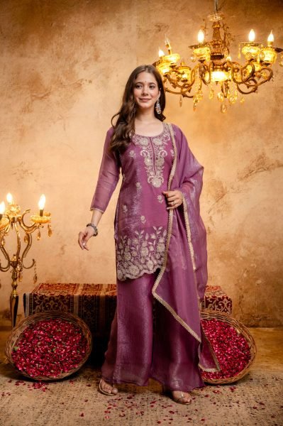 Unique Purple Designer Crunchy Kurti with Embroidery Work and Matching Palazzo 3 Piece Kurti Set