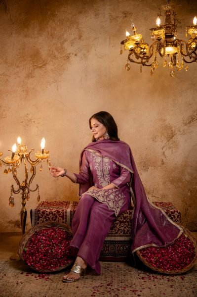Unique Purple Designer Crunchy Kurti with Embroidery Work and Matching Palazzo 3 Piece Kurti Set