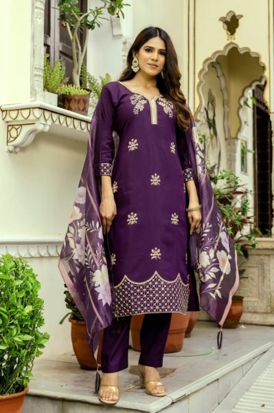 Unique Purple  Viscose Chanderi Embroidered Kurti Set with Jacquard Organza Dupatta for Festive Wear Embroidery Kurtis 