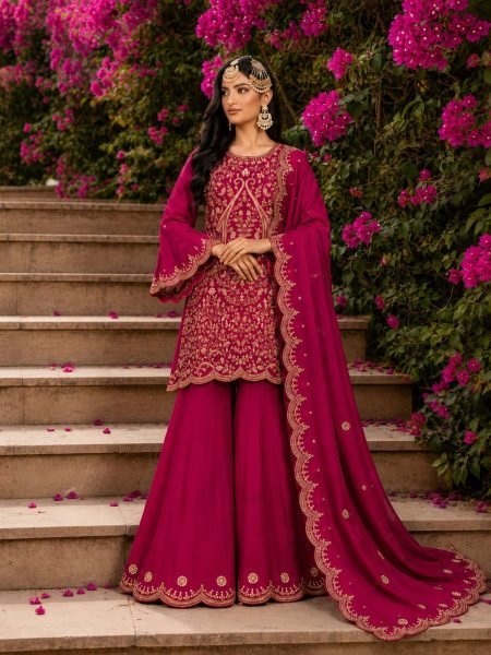 Unique Rani Pink Vichitra Silk Palazzo Suit with Sequins Zari Thread Embroidery Ready To Wear Suit