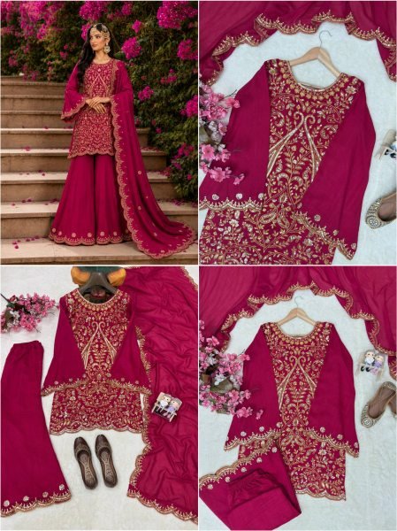 Unique Rani Pink Vichitra Silk Palazzo Suit with Sequins Zari Thread Embroidery Ready To Wear Collection