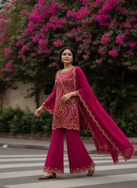 Unique Rani Pink Vichitra Silk Palazzo Suit with Sequins Zari Thread Embroidery Ready To Wear Collection