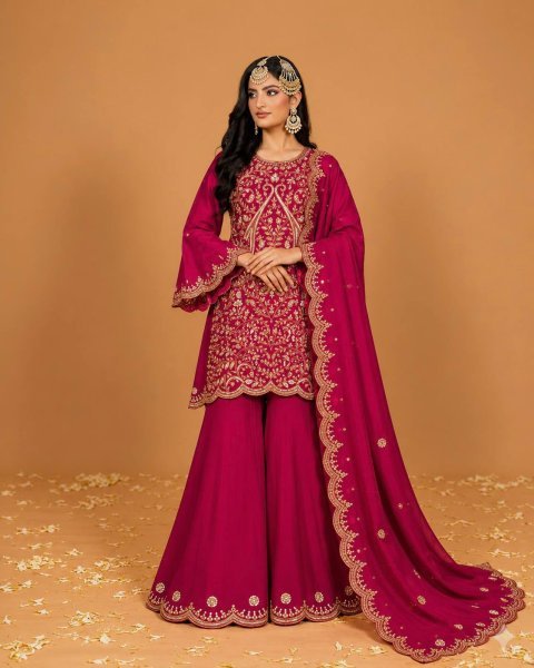 Unique Rani Pink Vichitra Silk Palazzo Suit with Sequins Zari Thread Embroidery Ready To Wear Collection