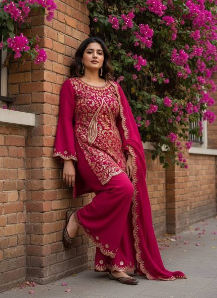 Unique Rani Pink Vichitra Silk Palazzo Suit with Sequins Zari Thread Embroidery Ready To Wear Collection