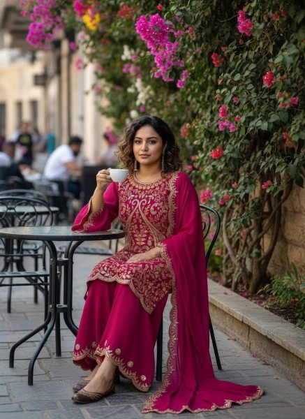 Unique Rani Pink Vichitra Silk Palazzo Suit with Sequins Zari Thread Embroidery Ready To Wear Collection