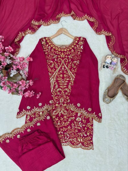 Unique Rani Pink Vichitra Silk Palazzo Suit with Sequins Zari Thread Embroidery Ready To Wear Collection