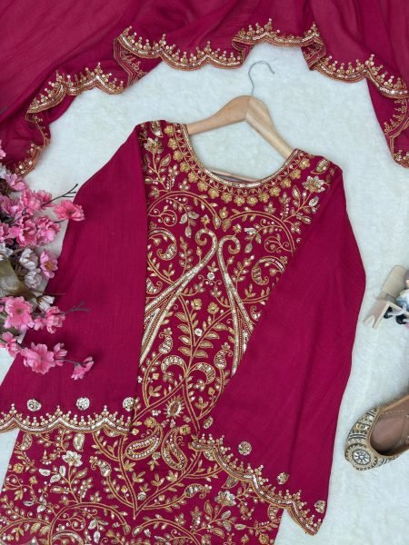 Unique Rani Pink Vichitra Silk Palazzo Suit with Sequins Zari Thread Embroidery Ready To Wear Collection
