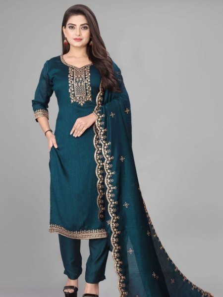 Unique Rayon Slub Embroidered Kurti Pant Set with Organza Dupatta for Resellers and Retailers Kurtis