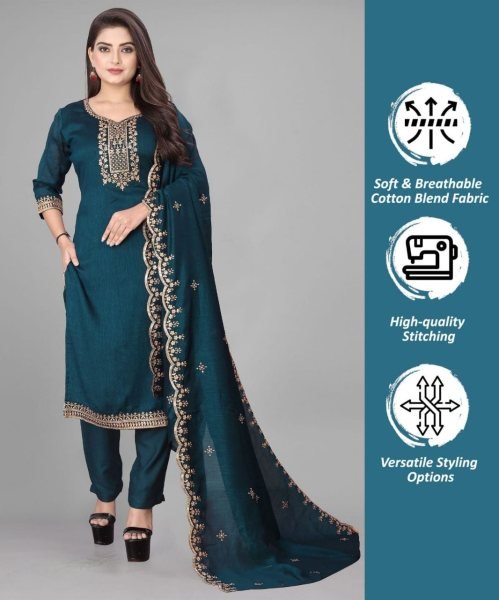 Unique Rayon Slub Embroidered Kurti Pant Set with Organza Dupatta for Resellers and Retailers Embroidery Kurtis 