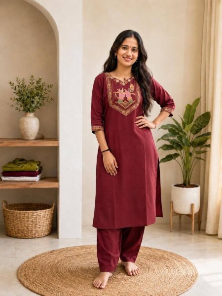 Unique Red Cotton Embroidered Kurti Pant Set for Women Soft Comfortable Daily Wear Outfit Embroidery Kurtis 