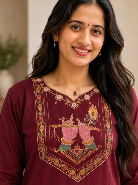 Unique Red Cotton Embroidered Kurti Pant Set for Women Soft Comfortable Daily Wear Outfit Embroidery Kurtis 
