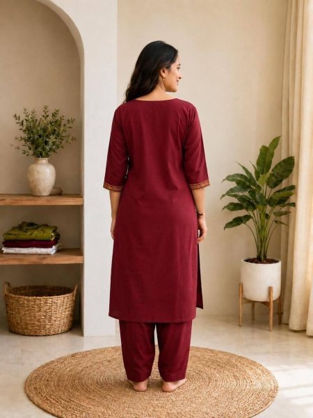 Unique Red Cotton Embroidered Kurti Pant Set for Women Soft Comfortable Daily Wear Outfit Embroidery Kurtis 