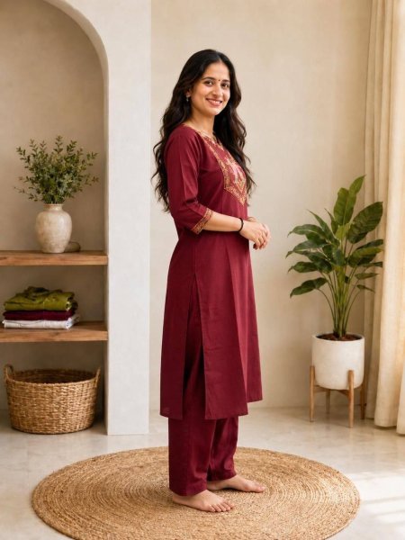Unique Red Cotton Embroidered Kurti Pant Set for Women Soft Comfortable Daily Wear Outfit Embroidery Kurtis 