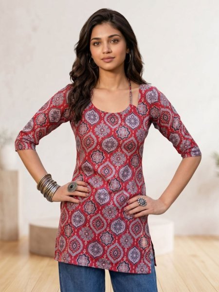 Unique Red Designer Digital Print Cotton Kurti For Causal Wear Kurtis