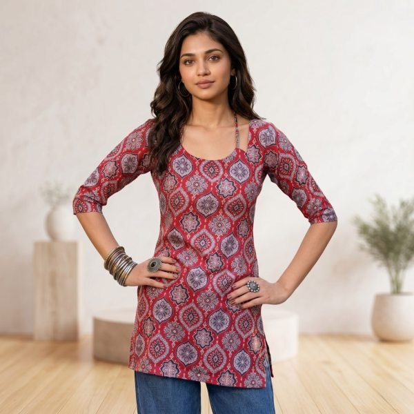 Unique Red Designer Digital Print Cotton Kurti For Causal Wear Full Set Kurti