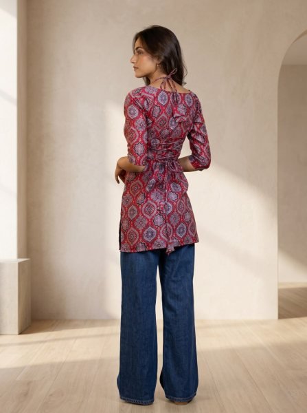 Unique Red Designer Digital Print Cotton Kurti For Causal Wear Full Set Kurti