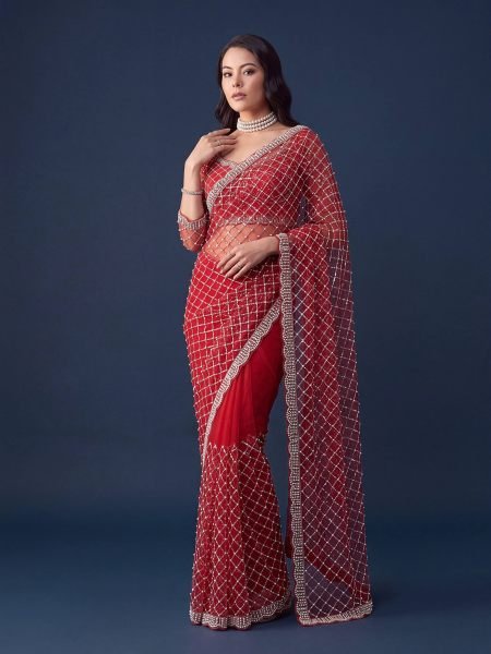 Unique Red Designer Net Saree with Heavy Beads Sequin and Pearl Work at Wholesale Rate 
