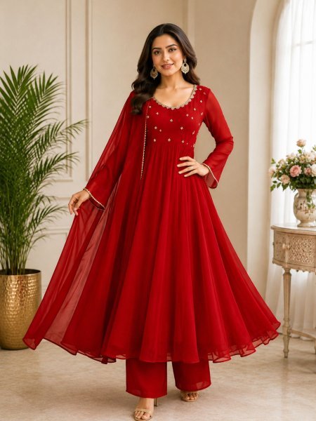 Unique Red Georgette Gown Set With Round Neck Using Sequence Work At Direct Mill Price 