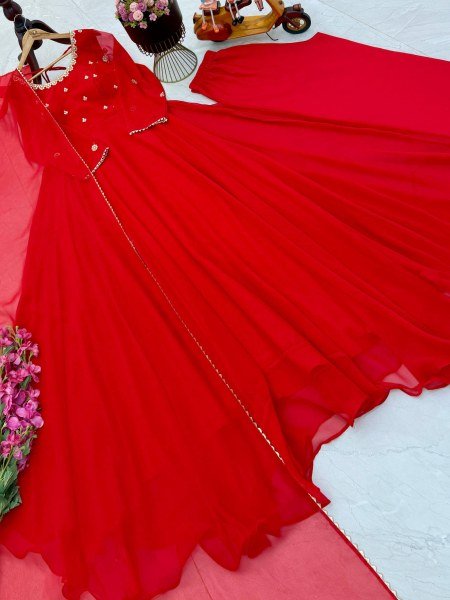 Unique Red Georgette Gown Set With Round Neck Using Sequence Work At Direct Mill Price Ready To Wear Collection