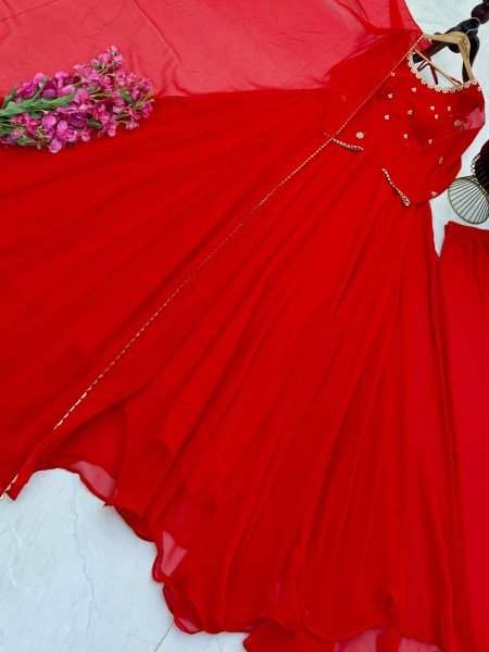 Unique Red Georgette Gown Set With Round Neck Using Sequence Work At Direct Mill Price Ready To Wear Collection