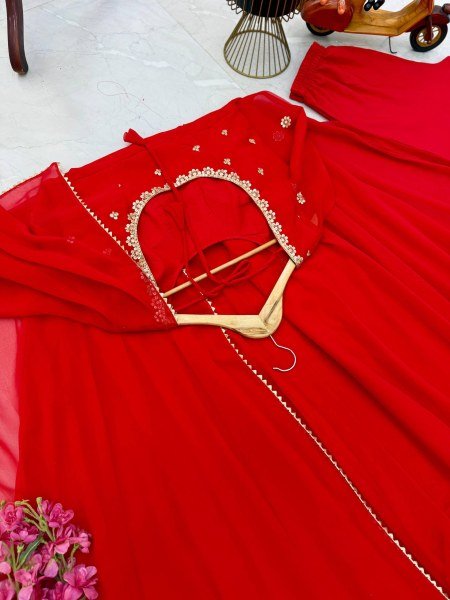 Unique Red Georgette Gown Set With Round Neck Using Sequence Work At Direct Mill Price Ready To Wear Collection