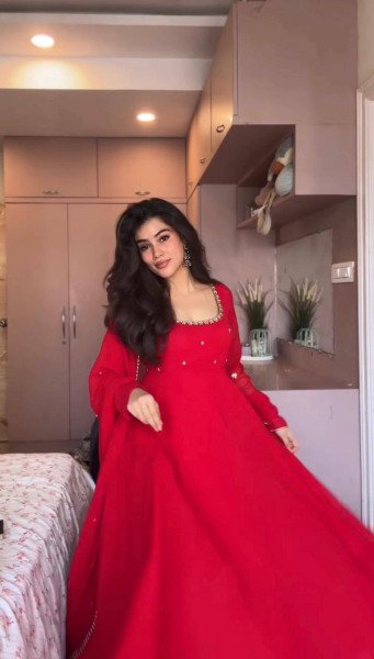 Unique Red Georgette Gown Set With Round Neck Using Sequence Work At Direct Mill Price Ready To Wear Collection