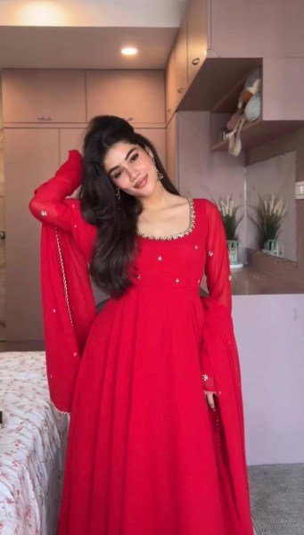 Unique Red Georgette Gown Set With Round Neck Using Sequence Work At Direct Mill Price Ready To Wear Collection