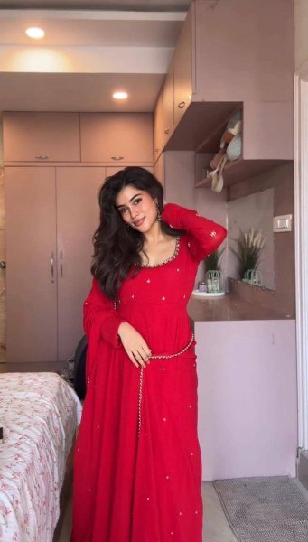 Unique Red Georgette Gown Set With Round Neck Using Sequence Work At Direct Mill Price Ready To Wear Collection
