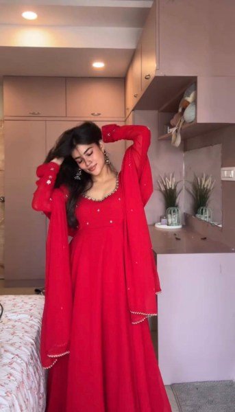 Unique Red Georgette Gown Set With Round Neck Using Sequence Work At Direct Mill Price Ready To Wear Collection
