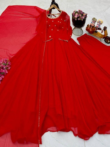 Unique Red Georgette Gown Set With Round Neck Using Sequence Work At Direct Mill Price Ready To Wear Collection