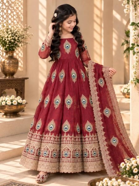 Unique Red Ready to Wear Kids Fendy Silk Gown with Bottom and Dupatta For Diwali Kurtis