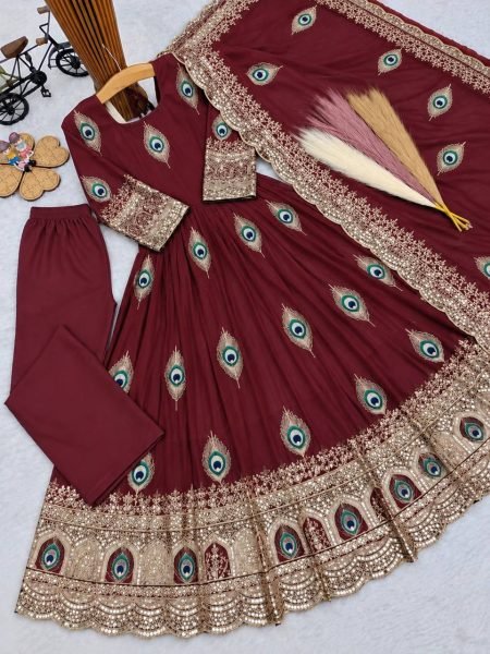 Unique Red Ready to Wear Kids Fendy Silk Gown with Bottom and Dupatta For Diwali Girls Wear