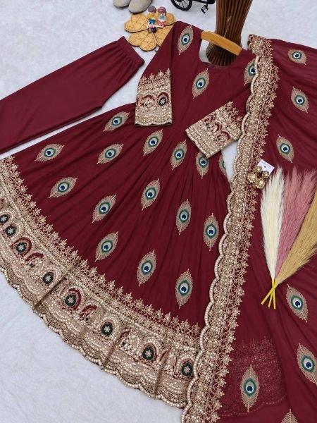 Unique Red Ready to Wear Kids Fendy Silk Gown with Bottom and Dupatta For Diwali Girls Wear