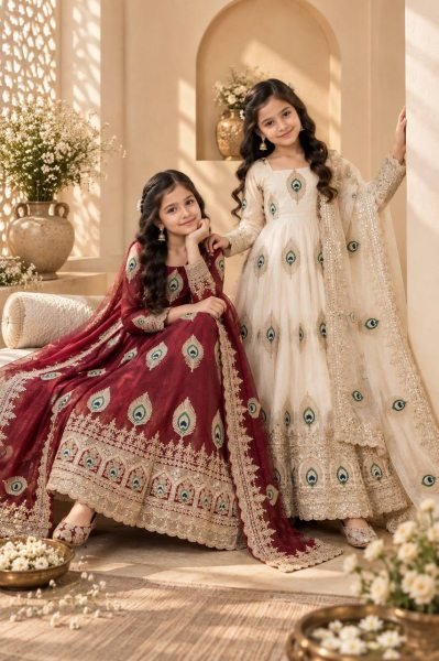 Unique Red Ready to Wear Kids Fendy Silk Gown with Bottom and Dupatta For Diwali Girls Wear
