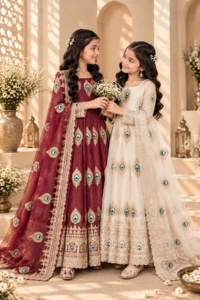 Unique Red Ready to Wear Kids Fendy Silk Gown with Bottom and Dupatta For Diwali Girls Wear