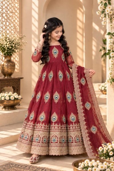 Unique Red Ready to Wear Kids Fendy Silk Gown with Bottom and Dupatta For Diwali Girls Wear