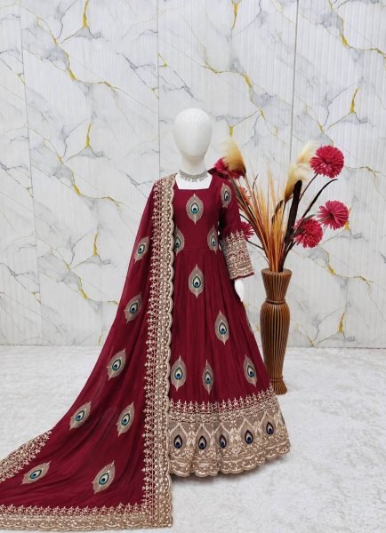 Unique Red Ready to Wear Kids Fendy Silk Gown with Bottom and Dupatta For Diwali Girls Wear