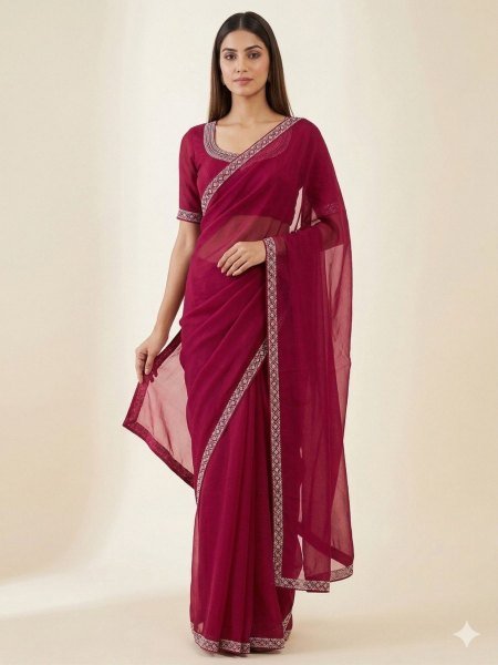 Unique Red Silk Saree with Elegant Zarkan Diamond Work and Matching Blouse 