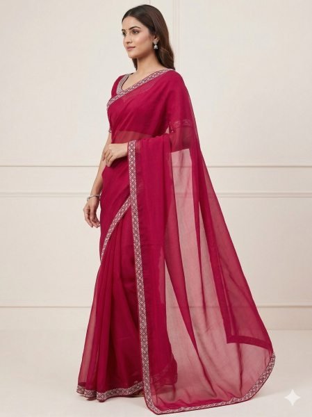 Unique Red Silk Saree with Elegant Zarkan Diamond Work and Matching Blouse Silk Sarees Wholesale