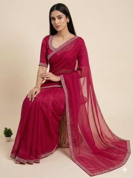 Unique Red Silk Saree with Elegant Zarkan Diamond Work and Matching Blouse Silk Sarees Wholesale