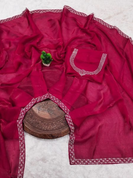 Unique Red Silk Saree with Elegant Zarkan Diamond Work and Matching Blouse Silk Sarees Wholesale