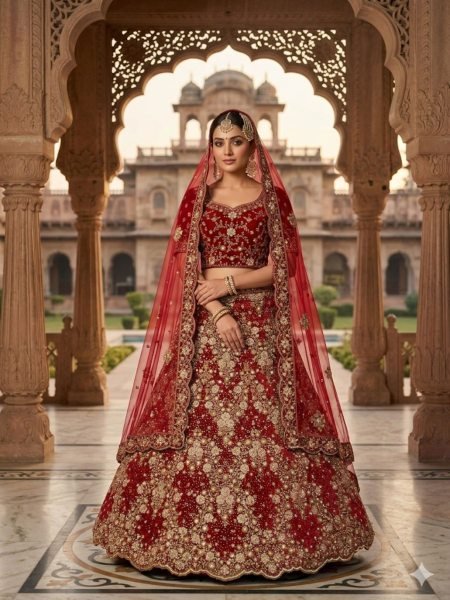 Unique Red Velvet Bridal Lehenga with Zardozi and Pearl Work for Wedding Wear Bridal Lehenga Choli