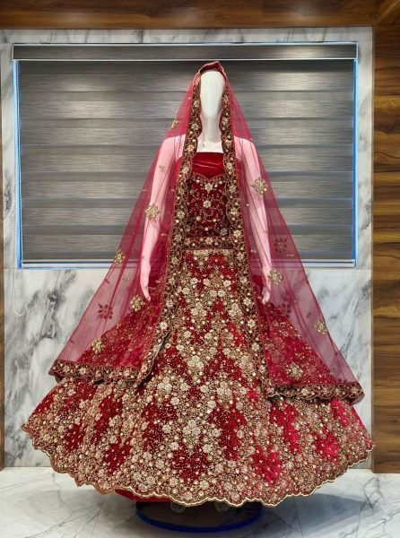 Unique Red Velvet Bridal Lehenga with Zardozi and Pearl Work for Wedding Wear Bridal Lehenga Choli