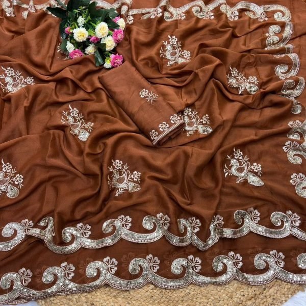 Unique Rust Star Georgette Silk Saree with Embroidered Blouse at Manufacturer  Silk Sarees Wholesale