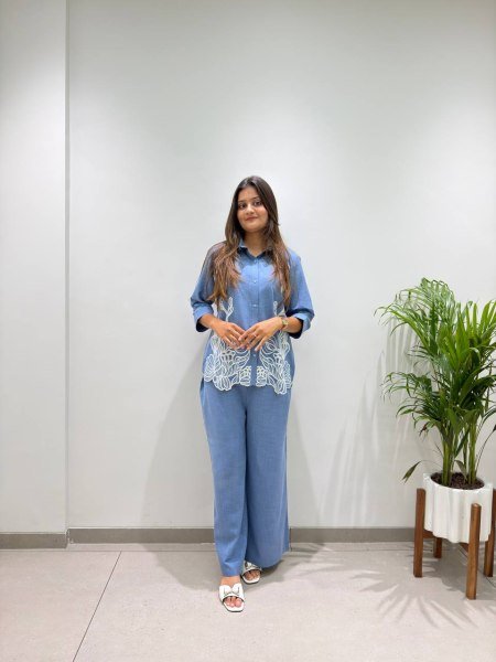 Unique Sky Blue Designer Cotton Denim Embroidered Co Ord Set with Pant CO ORD Sets